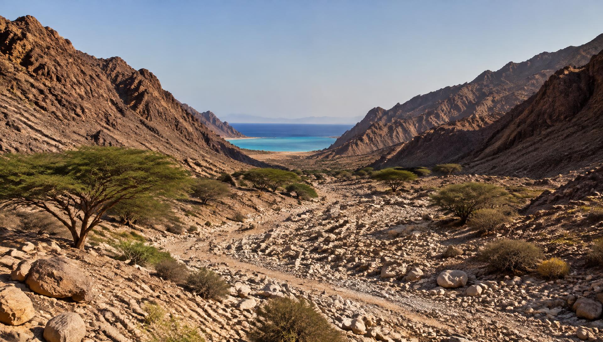 A dry wadi with acacia trees opening onto the Red Sea