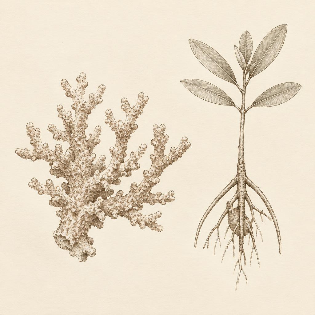 Pen-and-ink study of a branching coral and a mangrove seedling