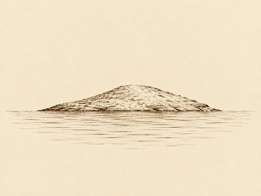 Pen-and-ink drawing of a low mound of land rising from still water